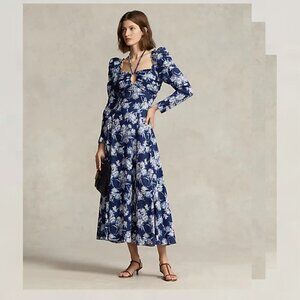 Ralph Lauren Blue Floral Cotton Halter Tie Puff Sleeve Dress NWT Size 14 Orig598